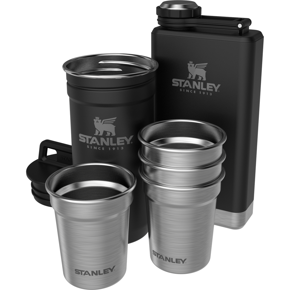 Stanley 1913 Adventure Pre-Party Shot Glass + Flask Set w Matte Black Pebble